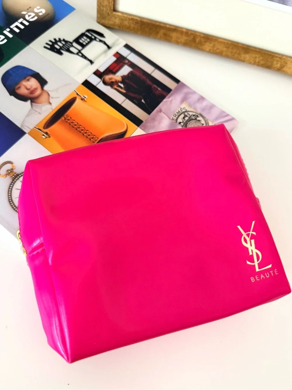 YSL Fuchsia Cosmetic Bag Heart Zipper